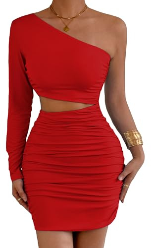 Adigau Vestido de manga larga para mujer, elegante, mini vestido de fiesta, vestido corto, vestido de cóctel sin hombros, vestido de ocio, vestido de bodycon envolvente, vestido de novia monocolor