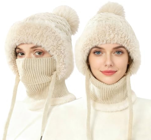 Feelorna Sturmhaube Mütze Winter Damen, 3 in 1 Winter Winddichte Warm Strickmütze Halswärmer-Sets Skimaske, Multifunktional Verstellbar Sturmhaube Gesichtsmaske für kaltes Wetter