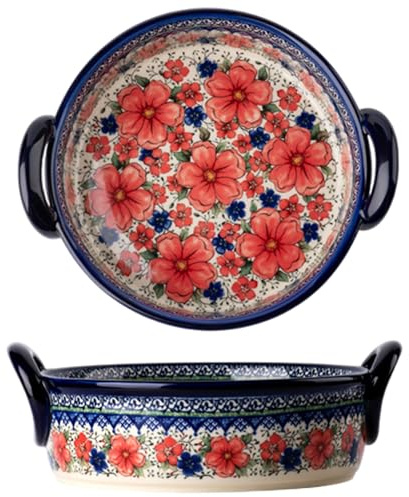Casserole Dish 7.28 Inch Round Flower Print Ceramic Baking Dish with Dual Handles for Pie Casserole Tapas Kitchen Supplies Ceramic Baking