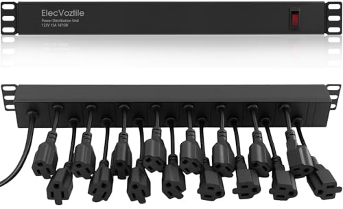 ElecVoztile - 16 outlet PDU power strip, 1020J surge protection and 15A overload switch, fits for 19 inch network server rack, 6 AWG 14 AWG cable