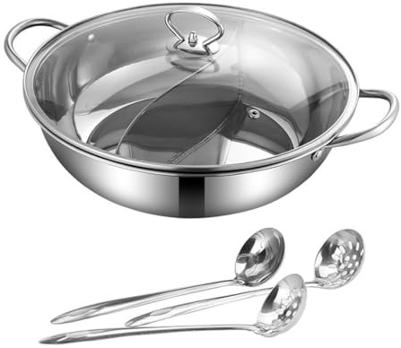 Pentola per Doppio Sapore in Acciaio Resistente 32 CM con Colino e Cucchiaio Set Pentola Casa con Manico Antiscottatura per Cucina Domestica e Preparazione Zuppa
