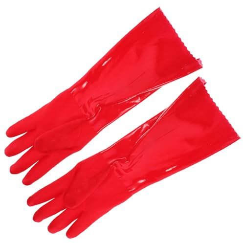BIUDECO 2pcs Anti-slip Thickened Household Gloves with Fleece Lining Textured Grip Kitchen Dishwashing Gloves for Cleaning Gardening Laundry Flexible Red Plastic Work
