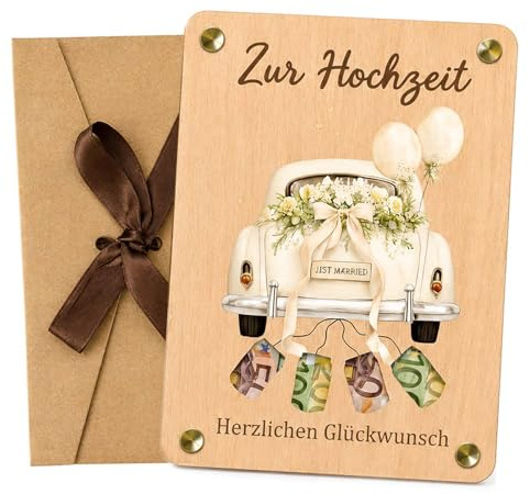 QijAOPD Hochzeitskarte Geldgeschenk Holz, Karte Hochzeit Auto Motiv, Hochzeitsgeschenke für Brautpaar mit Umschlag, Geldgeschenke Verpackung, Glückwunschkarte zur Vermählung für Eheleute Feier