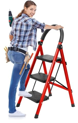 Step Ladder, 3 Step Ladder Folding Steps Stool, Multi-Purpose Collapsible Ladders, Heavy Duty-Folding Ladders with Wide Anti Slip Pedals 330 lbs Load Capacity, for Home RV Outdoor (Red)