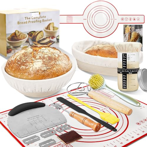 Sourdough Starter Kit, 18Pcs Bread Making Accessories, Includes 9 inch Round & 10 inch Oval Rattan Bread Proofing Basket, User Manual, Sourdough Starter Jar, Danish Whisk, Bread Lame for Baking Lover
