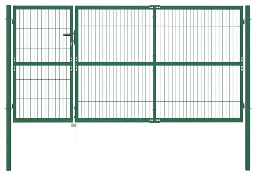 Ziaphsol Gartentor mit Pfosten 350x140 cm aus pulverbeschichtetem Stahl in Grün, Zauntor Flügeltor für Eingang, mit Schloss und 3 Schlüsseln, blickdicht