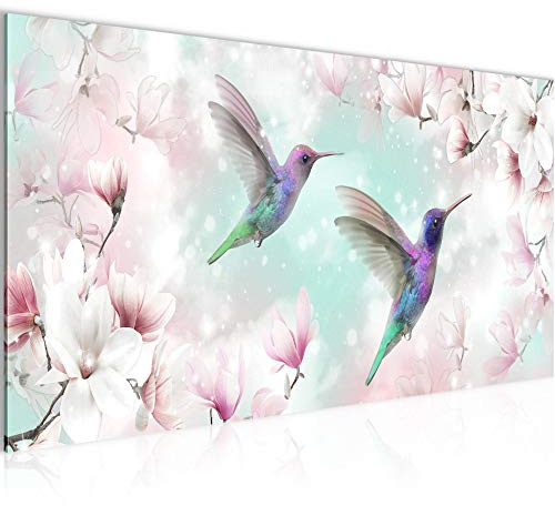Runa Art Wandbild Blumen Magnolien 1 Teilig 100 x 40 cm Modern Bild auf Vlies Leinwand Kolibri Wohnzimmer Türkis 015612c