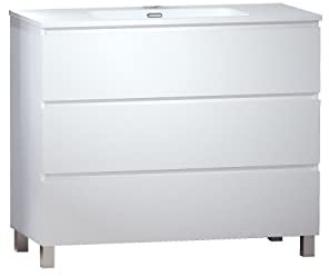 BAIKAL Conjunto de Mueble de Baño LESI. Compuesto por Mueble con Patas y Lavabo Cerámico. Tres Cajones. Melamina 16mm. Mueble MONTADO. Fondo 46cm 100 cm Blanco Mate
