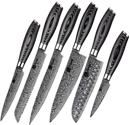 Kensaki 6er Messerset aus Damaszener Stahl Küchenmesser Japanischer Art hergestellt aus 67 Lagen Damaststahl – Kuro Serie, KEN-116