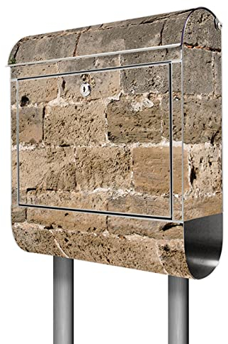 banjado® Briefkasten mit Standfuß Motiv Steinwand Antik - Stand Briefkasten Edelstahl mit Zeitungsfach - Postbox/Postkasten A4 Einwurf inkl. Montagematerial & 2 Schlüssel
