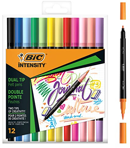 BIC Intensity fiberpenna med dubbla spetsar, fin spets (0,7 mm) och flexibel penselspets, original och pastellfärger, 12-pack