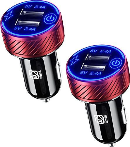 KEWIG Zigarettenanzünder USB Ladegerät, Dual USB Port Schneller USB Adapter Auto, 5V/4.8A Auto Ladegerät Kompatibel mit Blauer LED & Touch-Schalter (Red)