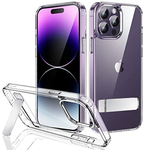 JETech Kickstand Case for iPhone 14 Pro 6.1-Inch, Support Wireless Charging, Slim Shockproof Bumper Phone Cover, 3-Way Metal Stand (Clear)