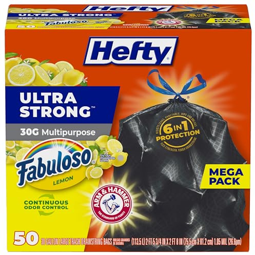 Hefty Bolsas de basura grandes multiusos ultra fuertes, color negro, aroma a limón Fabuloso, 30 galones, 50 unidades