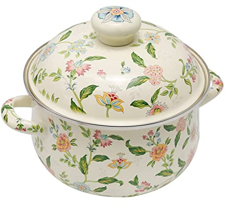 VIKKSAER Emaille-Simmertopf, 2,8 l, Emaille-Simmertopf, grünes Blumenmuster, tiefes Vintage-Kochgeschirr mit Dural-Griff für Herdplatte, ideal für 1–3 Personen