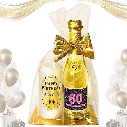Hochwertiges Geschenkset - Piccolo 22 Karat Blattgold „60 Happy Birthday“ PINK mit Geburtstagskerze - Secco Sekt mit Stumpenkerze Kerze | Geschenk zum 60. Geburtstag Pfeif auf's Alter