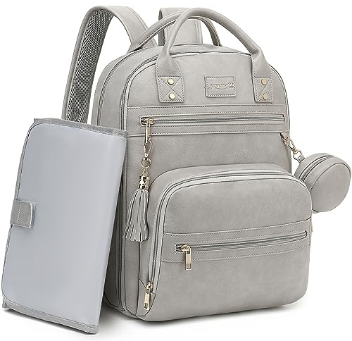 ROSEGIN Vegan Leather Baby Changing Bag Backpack, Large Waterproof Nappy Baby Bag for Mum & Dad – Multifunction Diaper Bag with Changing Mat, Buggy Clips & Dummy Holder, Grey