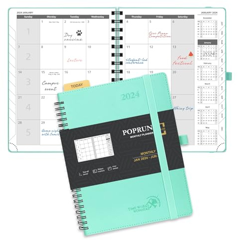 POPRUN Kalender 2024 2025 Monatsplaner 22 x 16,5 cm Auf Englisch - 18 Monate Monatskalender Ringbuch (Jan 2024 - Jun 2025) - 1 Monat 4 Seiten, 112 Seiten, 100 GSM Papier, PU-Leder - Mintgrün