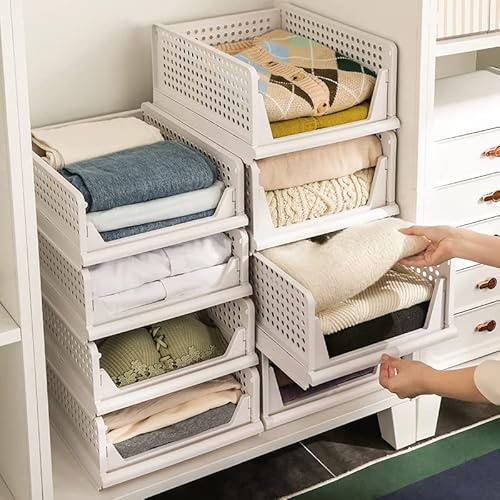 Set of 3 Wardrobe Storage Box,Closet Organiser Shelves,L | Stackable,Foldable,Plastic,for Home Bedroom Laundry