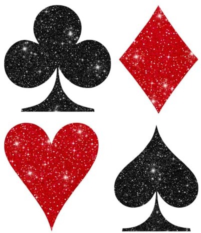 Glitzerdeals Bügelbilder Glitzer Spielkarten Symbole Karo Pik Herz Kreuz schwarz Glitzerbild zum Aufbügeln Spielkarten Bügelflicken Poker Fasching Patch zum Aufbügeln Spielkarten