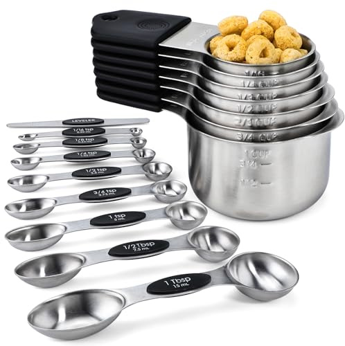 Magnetic Measuring Cups&Spoons Measuring Cup Double Sided Measuring Spoon | 7 Stainless Steel Measuring Cups 8 Magnetic Measuring Spoons Set with 1 Leveler Kitchen Tools for Cooking Baking