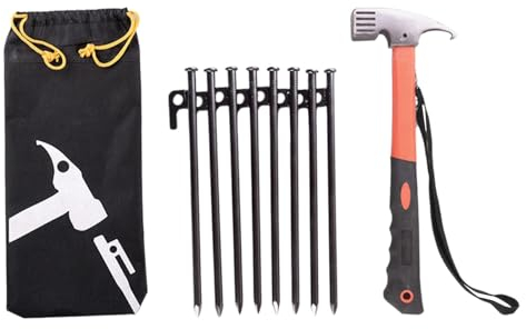 8-teiliges Zeltheringe-Hammer-Set, Camping-Heringe mit Aufbewahrungstasche, unzerbrechliche, robuste Zeltheringe für Wandern, Outdoor, Baldachin, Orange Hammer