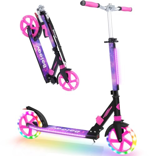 BELEEV Scooters for Kids Ages 6+ with Light-Up Wheel & Stem & Deck, 2 Wheel Folding Scooter for Adults Teens, 4 Adjustable Height, Lightweight Sport Commuter Scooter, up to 220lbs(Galaxy Purple)