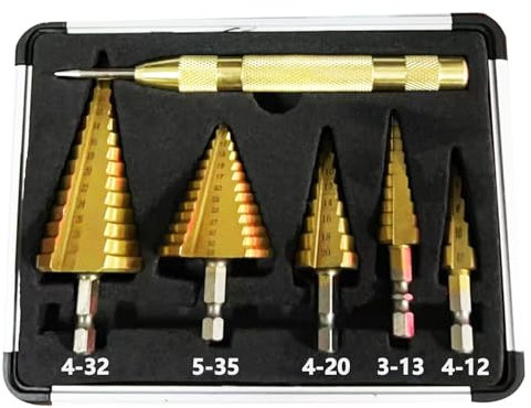 Genossen Stufenbohrer Set, 6 Pcs HSS Stufenbohrer Set, 5 Stück Kegelbohrer（4-12mm, 3-13mm, 4-20mm, 4-32mm, 5-35mm）und 1 automatischer Zentralstempel 13cm, konischer Schneidbohrer, Titanbeschichtung