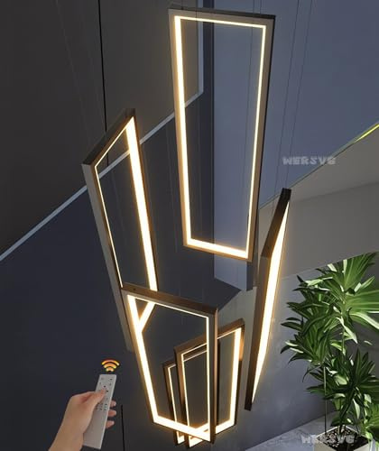 WERSVG LED Schwarz Pendelleuchte Treppenhaus Lang Geometrie Hängeleuchte Dimmbar mit Fernbedienung Modern Treppen Pendellampe Höhenverstellbar, für Villa Foyer Treppenhaus Wohnzimmer 6 Flammig，185W