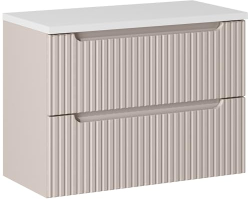 Lomadox Meuble de salle de bain, 80 cm, cachemire et blanc, avant rainuré, 2 tiroirs à fermeture douce