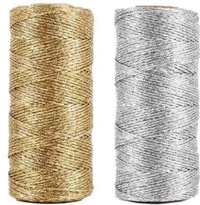 StiVerse Cordón metálico dorado y plateado, 200 m, para envolver papel de regalo, 1,5 mm de ancho, hilo de encuadernación para manualidades, embalaje de regalo, manualidades, decoración navideña,