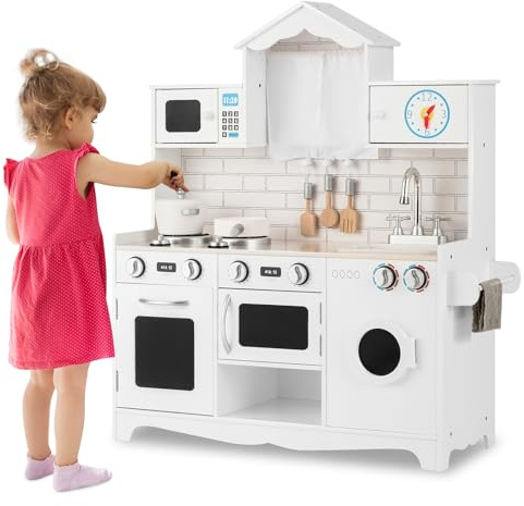 HOMASIS Cuisine en Bois pour Enfants avec évier et Four | Jouet de cuisine éducatif avec robinet pour enfants de 3+ ans, blanc