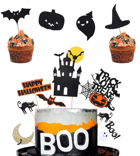16 Stücke Tortendeko Halloween, Halloween Kuchen Topper Cake Topper, Tortendeko Halloween, Halloween Cupcake Toppers, Kuchen Deko Halloween mit Fledermaus Kürbis Schloss Hexe Besen Mond