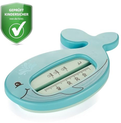 reer MyHappyBath Thermomètre de bain pour bébé en forme de baleine - Design mignon - Thermomètre de bain sans danger pour les enfants - Température de bain optimale pour la baignoire - Sans mercure -
