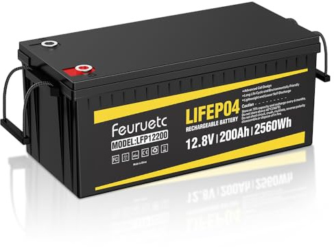 Feuruetc 12V 200Ah Lithium LiFePO4 Battery, Built-in 200A BMS, 2560Wh Energy Storage, Iron Phosphate 8000-15000 Deep Cycles Battery for Solar, Trolling Motor, RV