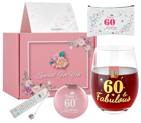 TOONGEEN 60th Birthday Gifts for Women, 19oz Stemless Wine Glass Gifts for Her Ladies, Unique 60 Years Old Birthday Present for 60th Female, Mum, Grandma, Sister, Friend