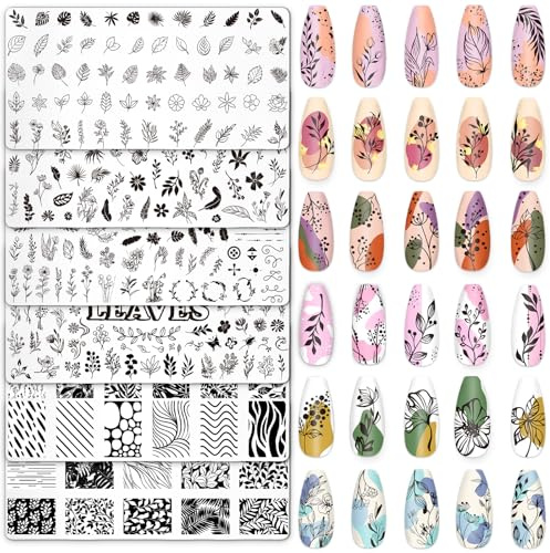 Whaline 6 Pcs Spring Floral Leaves Nail Plates Stamping Set Plant Leaves Flower Stamp Templates Nail Art Plates for DIY Print Manicure Salon Design