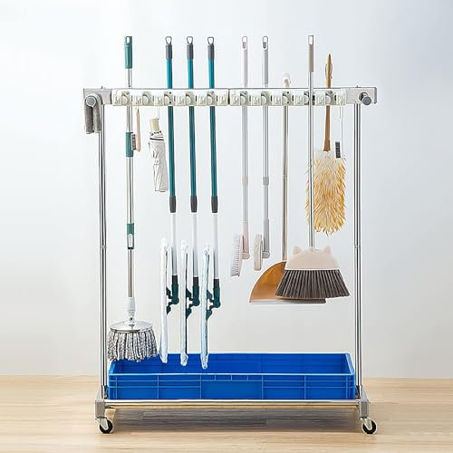 Soporte para fregona, Escoba y Soporte para fregona, Soporte para fregona húmeda, escurridor de fregona, Torre de Herramientas de Limpieza montada en el Piso, con Rueda Universal de 360°, pa