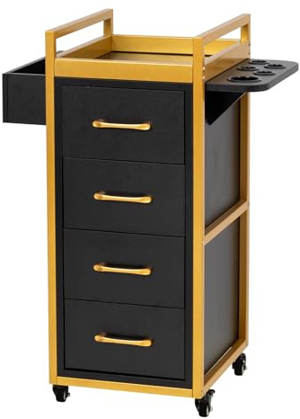 Winado Carrello per salone di bellezza, armadietto da salone con ruote a 360°, 4 cassetti, 4 portautensili, carrello mobile per parrucchieri, estetisti, centri estetici, barbieri (nero e oro)