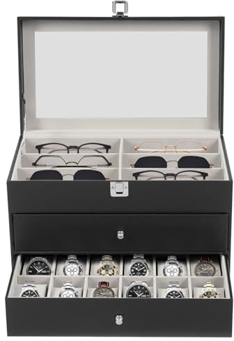 RjcdOPL Boîte à Lunettes et à Montres 3 Niveaux, 12/12 Compartiments, Couvercle Transparent, L33,5 x P19,3 x H22,5cm, Noir
