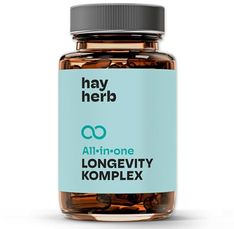 Longevity Komplex Kapseln 60 Stk. | All-In-One Komplettformel | Jungbrunnen für Körper & Geist | Mit PQQ und Grüntee - Age-Less-Effekt | 100% vegan | Hay Herb