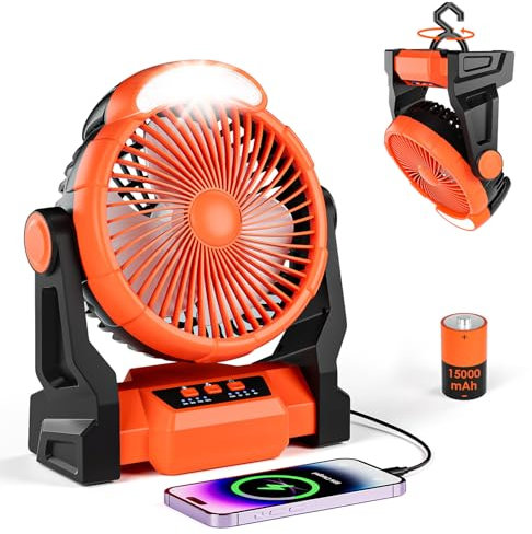 Dreamhigh® 15000mAh Ventilatore da Campeggio con Lampada LED, Ventilatore da Tavolo USB, 3 Velocità, Rotazione a 270°, Ventilatore a Batteria Ricaricabile per Spiaggia, Escursionismo & Outdoor