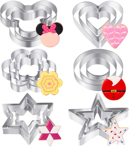 Metal Cookie Cutters Set 18 Pcs - 6 Shapes (Round, Heart, Star, Mouse, Hexagram, Flower) Stainless Steel Baking Tools for Cookies, Pastries, DIY Crafts, Holiday Decorations