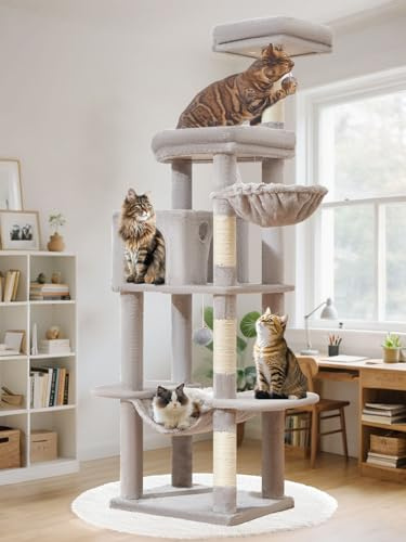 Taoqimiao Rascador para Gatos Grandes, 168cm Arranhador para Gatos Cat Tree com Plataformas Grande, Espacioso Cuevas, Cesta, Hamaca, MS042W Gris Claro