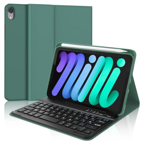 Coque Clavier pour iPad mini 7e Gén(A17 Pro, 2024) & 6e Gén(2021) 8.3, AZERTY Français Housse Clavier Bluetooth Détachable avec Porte Crayon pour iPad mini 7e/6e Génération 8.3 Pouces, Vert Foncé
