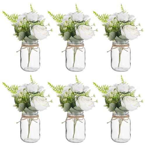 6-teiliges Einmachglas-Vasen-Set mit künstlichen Blumen, Glasdosen mit Deckel, 20 m Jute-Schnur, rustikale Hochzeits- und Party-Dekoration, inklusive 6 Vasen, 6 Blumensträußen, ideal für Heim- und