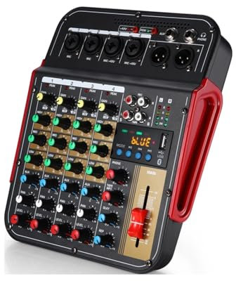 SHEHUALI Mesa de Mezclas de Audio, Mezclador Bluetooth y Reverb Fuente de alimentación 48V Mezclador de 6 Canales Tarjeta de Sonido DJ