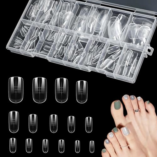 SUNNIFLY 150 Stück Polygel Nagelformen für Zehen, 15 Verschiedene Größen, Polygel Starter Set für Fußnägel (Transparent)