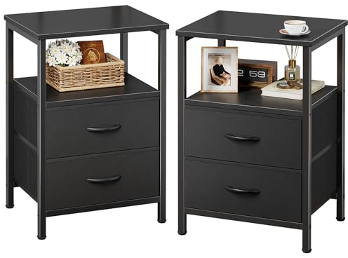 Huuger Night Stand Set of 2, Nightstand with 2 Drawers, Bedside Table | Open Shelf, Wooden Top, End Table, Fabric Drawer, for Bedroom, Living Room, Black