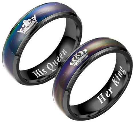 Emotional Color Changing Black Stainless Steel Body Temperature Mood Ring Her King His Queen Crown Rings Engagement Wedding Band Anniversary Promise for Couple (Her Size 10)